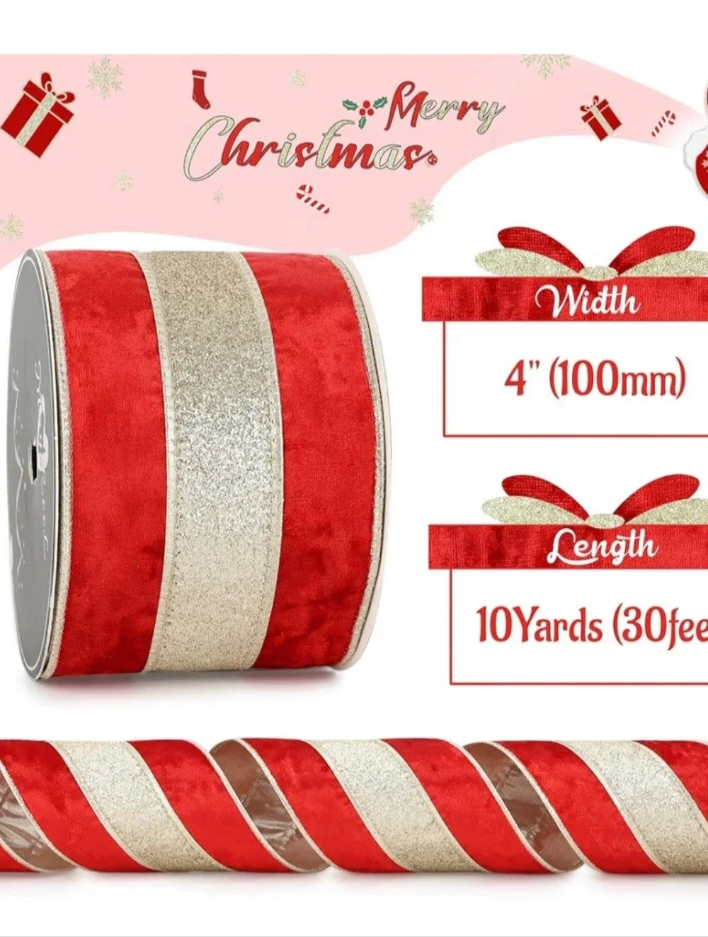 Mayreel. Holiday Velvet Ribbon Bow - Red and Gold. 10 Yards. NWT.